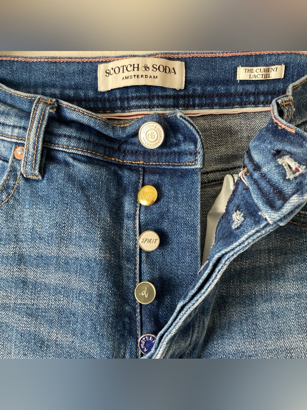 Scotch & Soda High-Rise Button-Fly Jeans in Medium Blue Denim